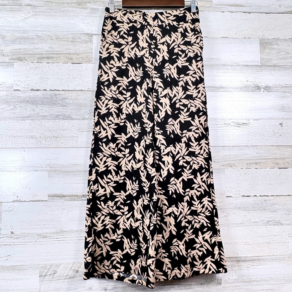 Rachel Zoe Wide Leg Pants Womens Small Black Tan Leaf Print Linen Blend Resort